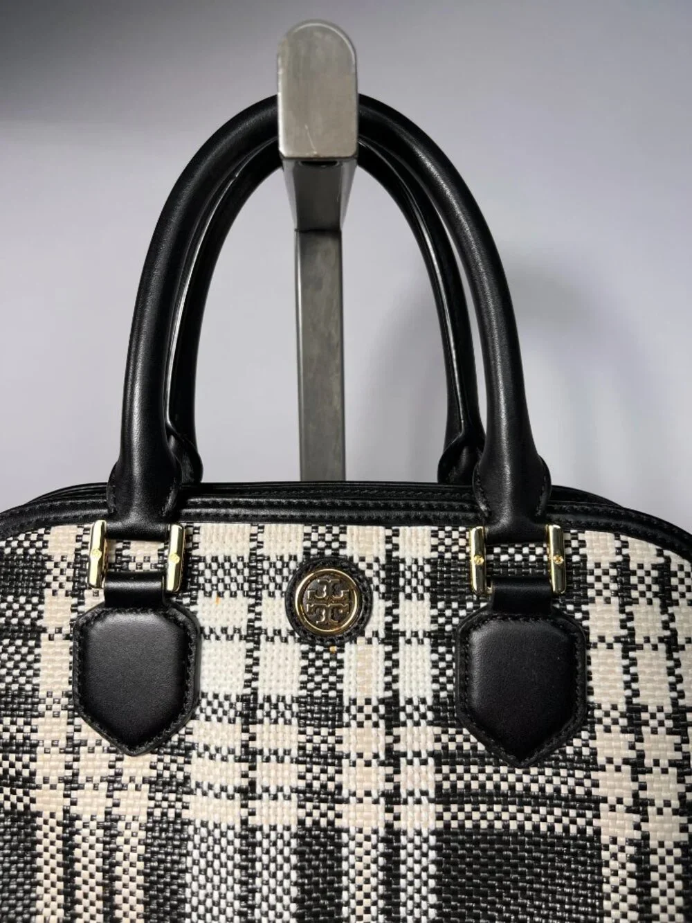 TORY‎ BURCH Robinson Woven Plaid Open Dome Satchel - Black/Beige/White